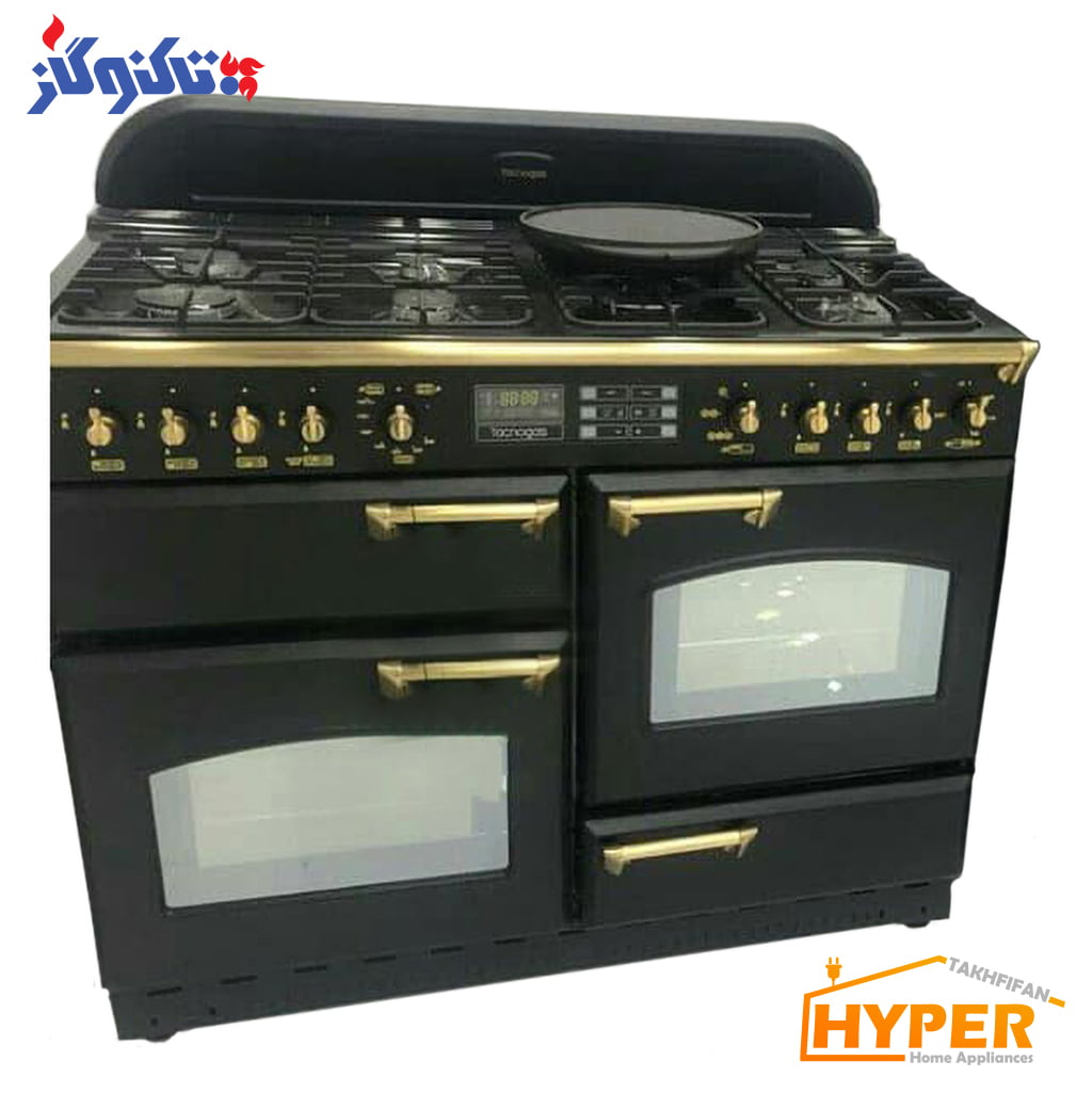 اجاق گاز 7 شعله تاکنوگاز مدل فالکون 7B-BB تمام لعاب مشکی با دستگیره طلایی