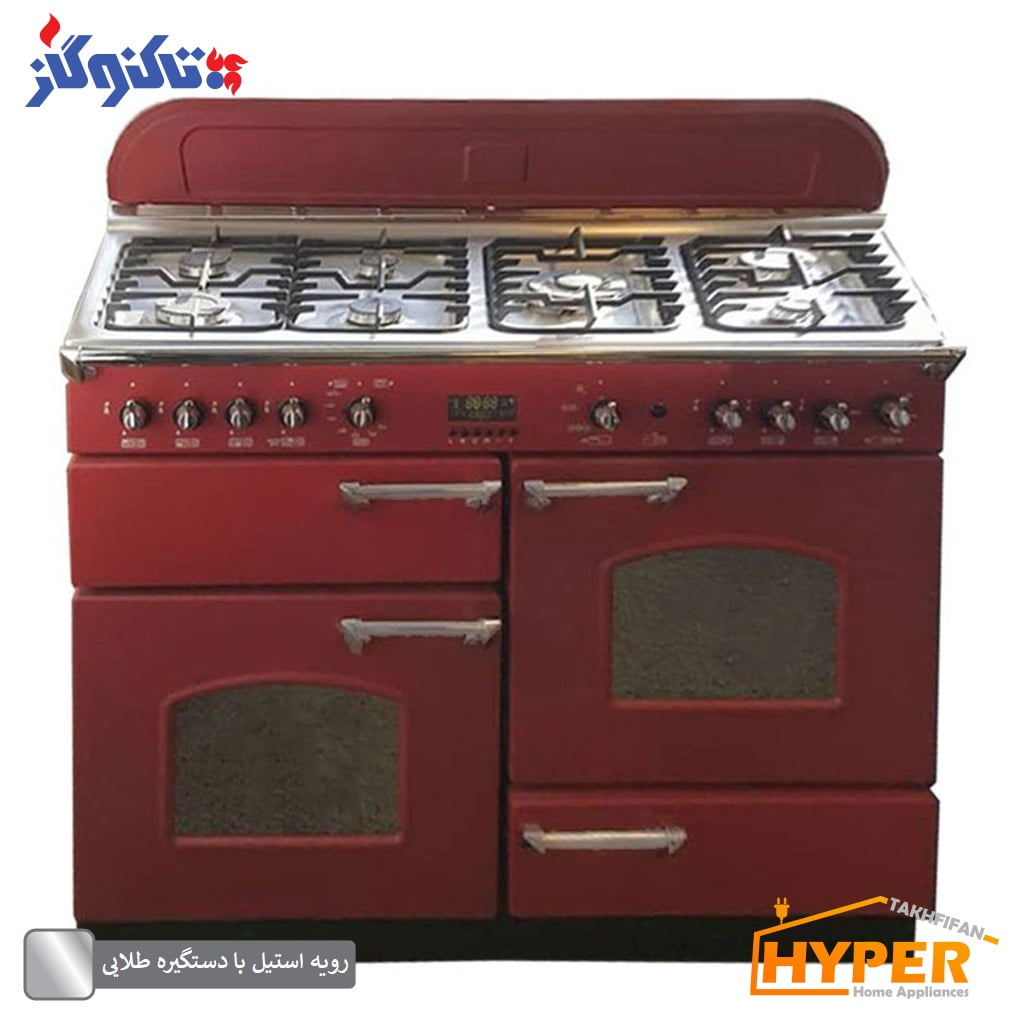 اجاق گاز 7 شعله تاکنوگاز مدل فالکون 7B-TS رویه استیل زرشکی با دستگیره طلایی